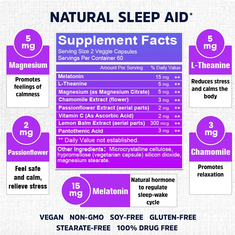 Extra Strength Melatonin - Sleep supplement with herbal ingredients to help relieve stress and improve sleep quality.