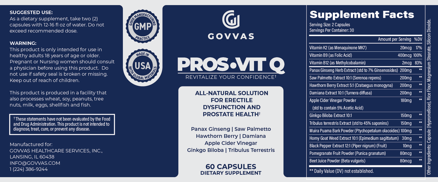 Pro-Vit Q is a natural supplement for prostate health and erectile dysfunction. It supports urinary flow, reduces BPH symptoms, and enhances sexual performance with ingredients like saw palmetto, zinc, Hawthorn berry extract and panax ginseng.